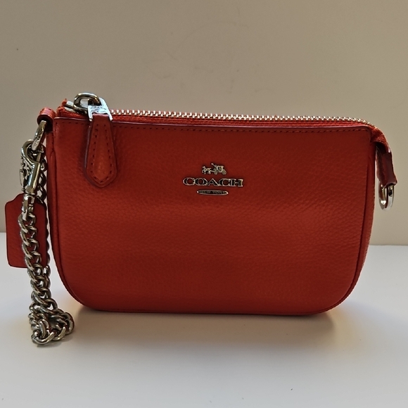 Coach Orange Pebbled Leather Wristlet With Silver Chain